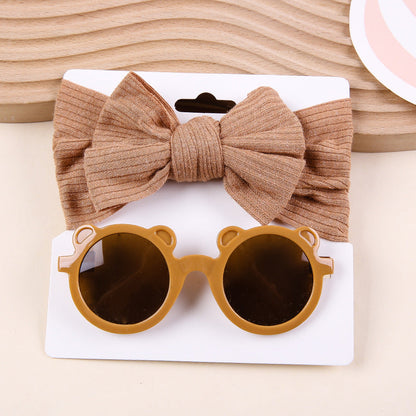 Zweiteiliges Sonnenbrillen-Set mit Strick-Stretch-Streifen und Schleifen-Stirnband