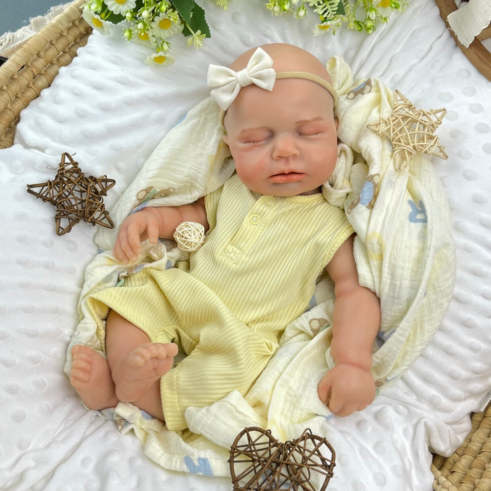 45 cm dehnbare Loulou Reborn Puppe aus Vollsilikon schlafend in gelben Outfits