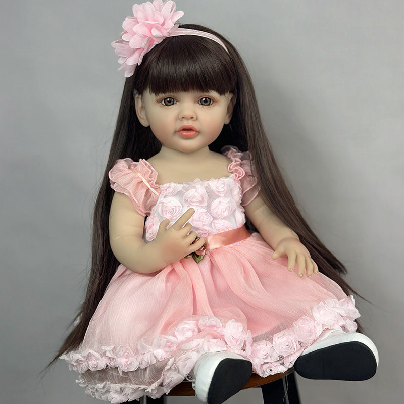 22 Zoll langes braunes Haar Reborn Puppe Mädchen im rosa Kleid-Betty