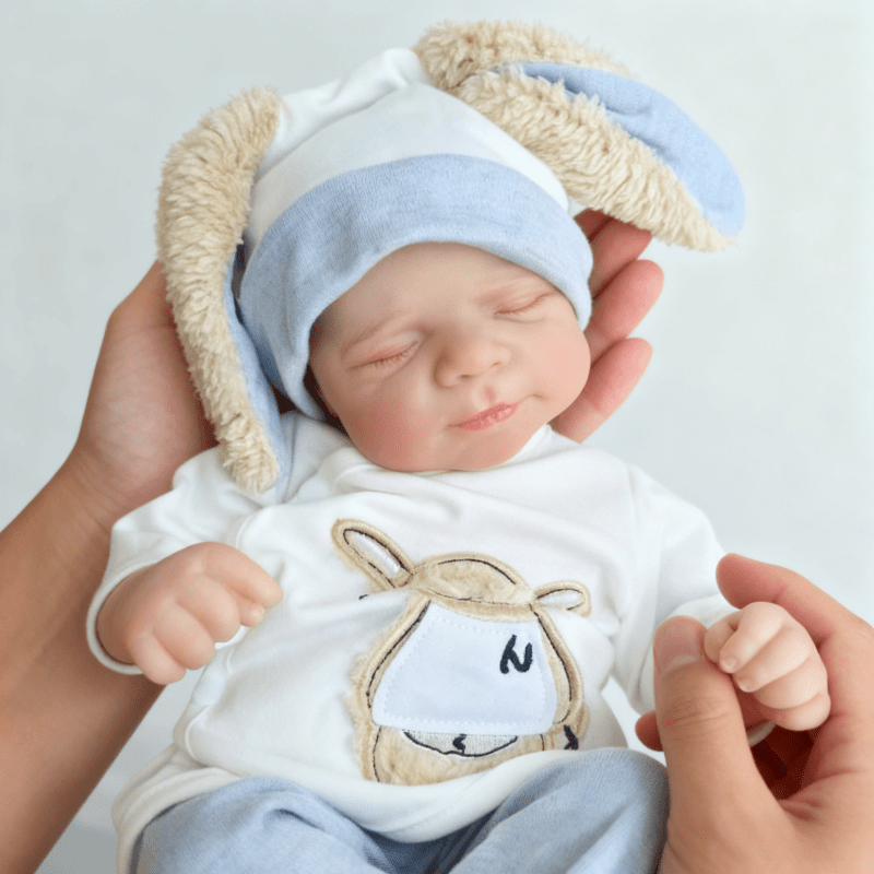 48 cm lebensechte handbemalte Reborn-Babypuppe Pascale mit geschlossenen Augen.
