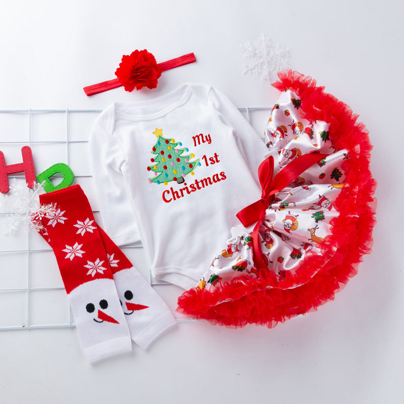 4-teiliges Kleid mit Weihnachtsbaum-Aufdruck für 21/22/23 Zoll Reborn-Puppen