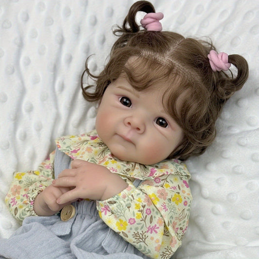 48 cm Reborn Puppe Bettie mit offenen Augen und weichem Körper in geblümter Kleidung