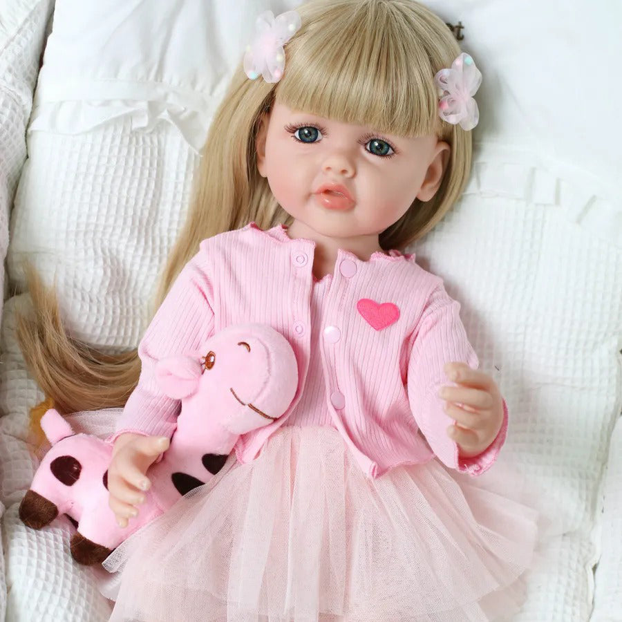 22 Zoll offene Augen lange blonde Haare Reborn Baby Mädchen mit rosa Kleid-Betty