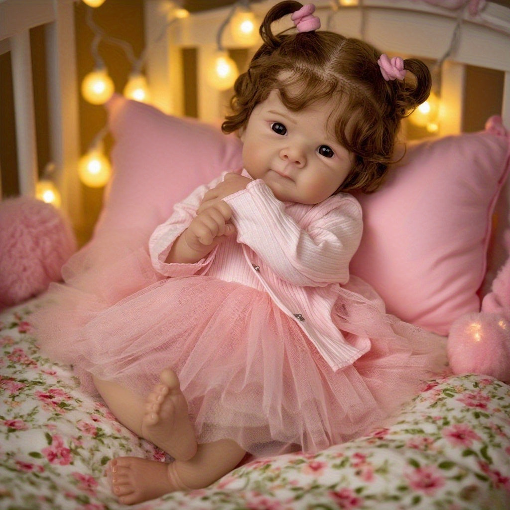 48 cm Reborn Puppe Bettie mit offenen Augen und weichem Körper im rosa Kleid
