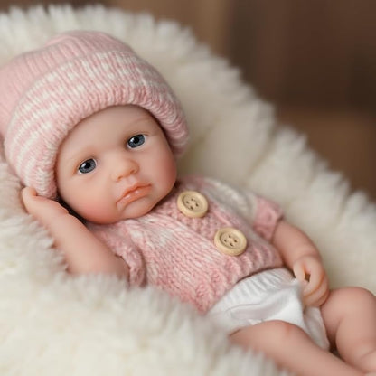 20 cm Loulou Reborn-Babypuppe aus Vollsilikon mit offenen Augen im rosa Pullover