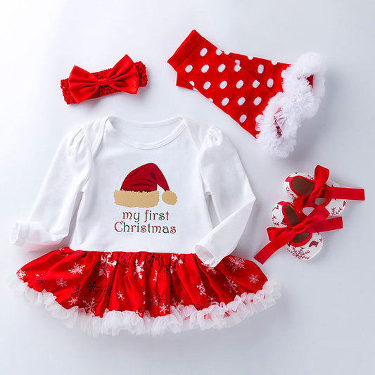 4-teiliges Kleid mit niedlichem Weihnachtsmannmütze-Aufdruck für 21/22/23 Zoll Reborn-Puppen