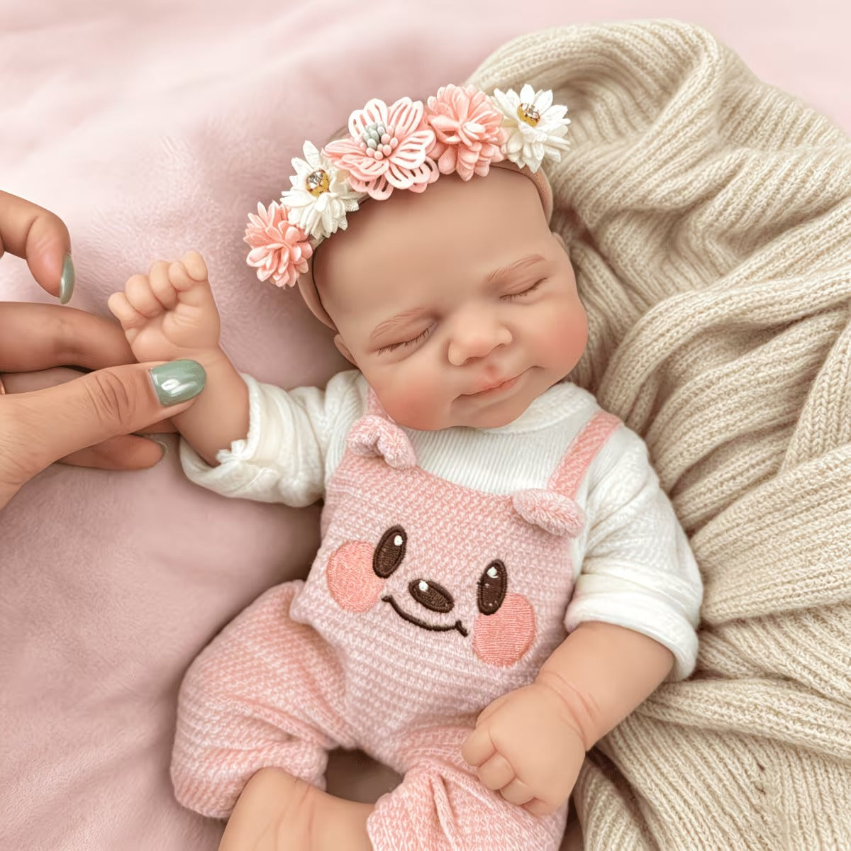 30 cm schlafende Pascale Reborn-Puppe aus Vollsilikon im rosa Bärenoutfit