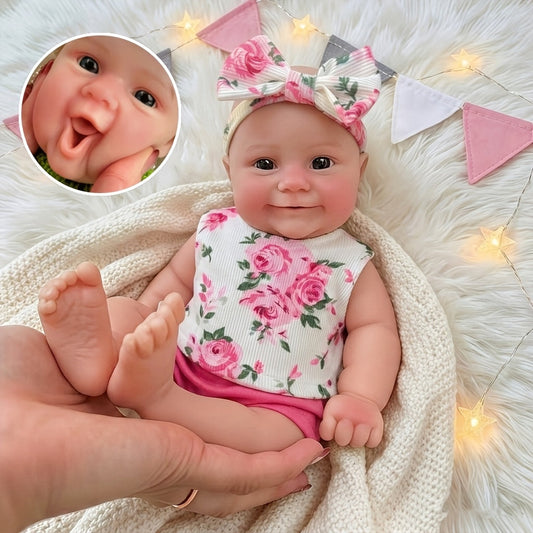 30 cm dehnbares Silikon Reborn Baby Mädchen Maddie mit lächelt in rosa Blumenkleidern