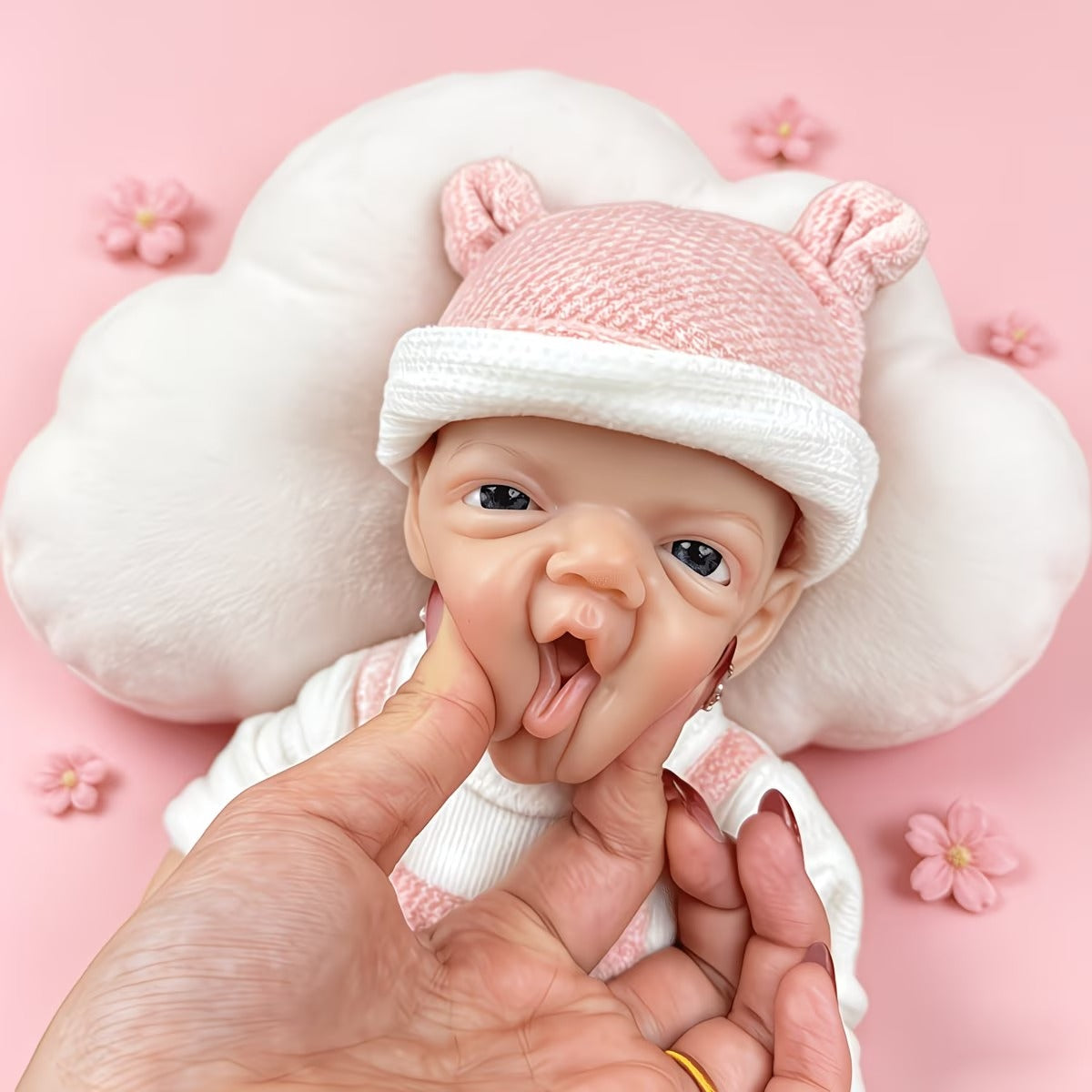 30 cm lebensechte Charlie Reborn-Puppe mit blauen Augen und einem strahlenden Lächeln aus Vollsilikon in rosa Bärenkleidung