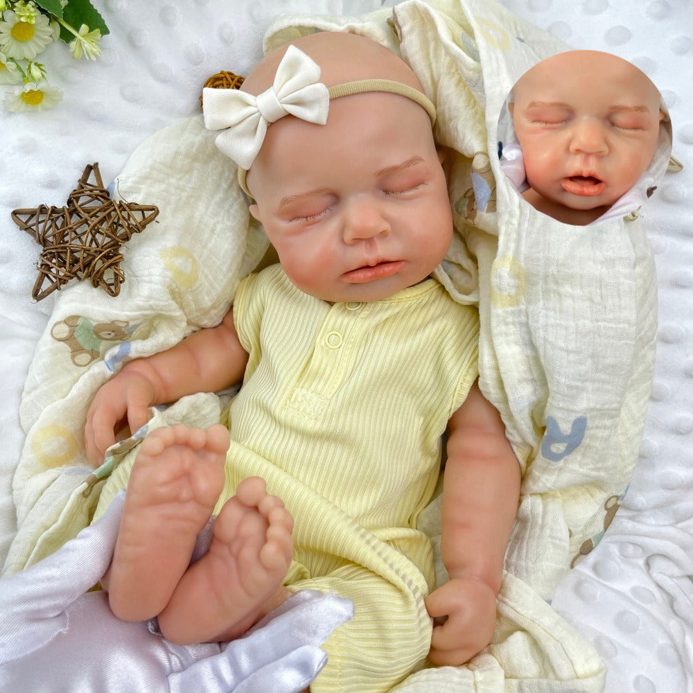 45 cm dehnbare Loulou Reborn Puppe aus Vollsilikon schlafend in gelben Outfits