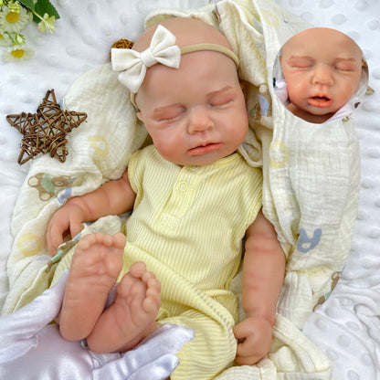 45 cm dehnbare Loulou Reborn Puppe aus Vollsilikon schlafend in gelben Outfits