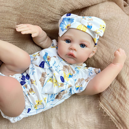 48 cm Reborn Puppe mit blauen Augen Mädchen in geblümter Kleidung - Meadow