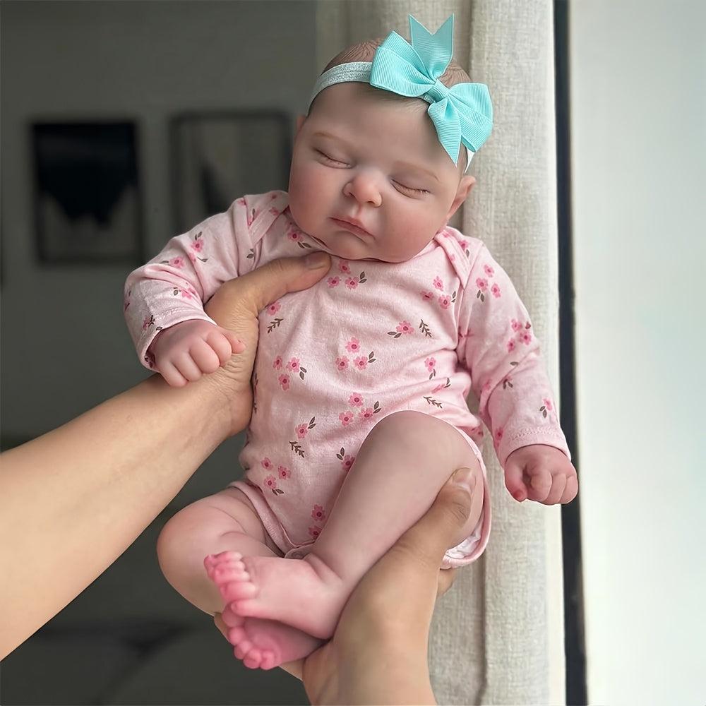 20 Zoll 3D-Haut-Reborn-Baby-Mädchen mit geschlossenen Augen in rosa geblümter Kleidung – Peaches