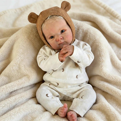 45cm lebensechtes Bettie Reborn Babypuppe Mädchen mit blonden Haaren im Body mit Mondmuster