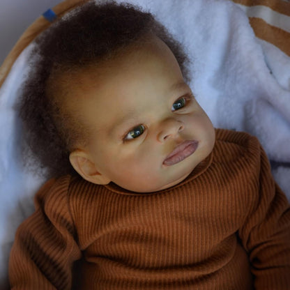 20 Zoll offene Augen dunkle Haut lockiges Haar Reborn Puppe in brauner Kleidung-Lanny