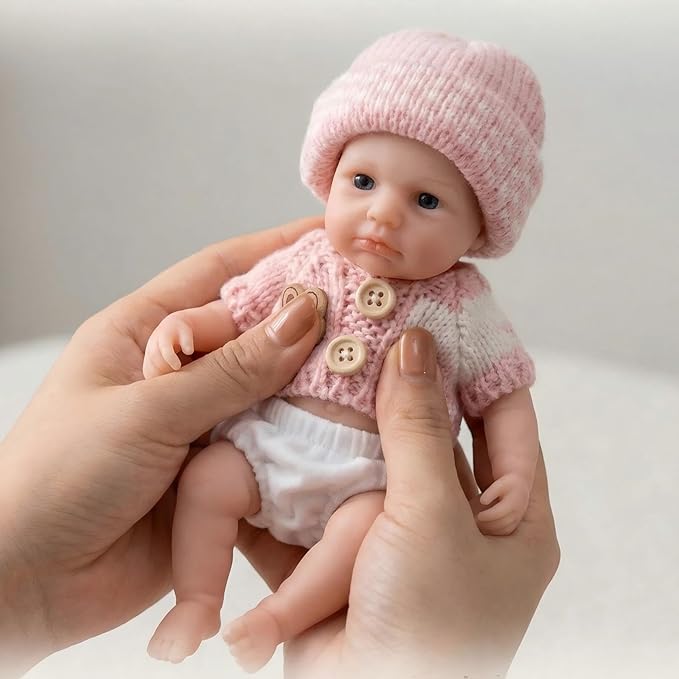 20 cm Loulou Reborn-Babypuppe aus Vollsilikon mit offenen Augen im rosa Pullover