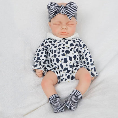 30 cm lebensechte Silikon Reborn Puppe Loulou mit geschlossenen Augen in schwarz-weißer Kleidung