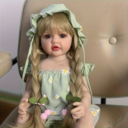 55 cm rebornte Baby-Dame Betty mit offenen Augen und langen blonden Haaren in grünem Gänseblümchen-Outfit