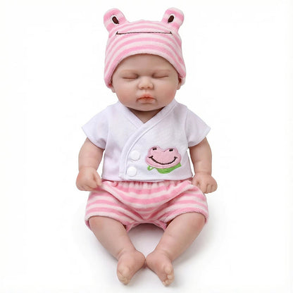 30 cm vollständig aus Silikon gefertigte Reborn Puppe Pickle mit geschlossenen Augen im rosa Frosch-Outfit