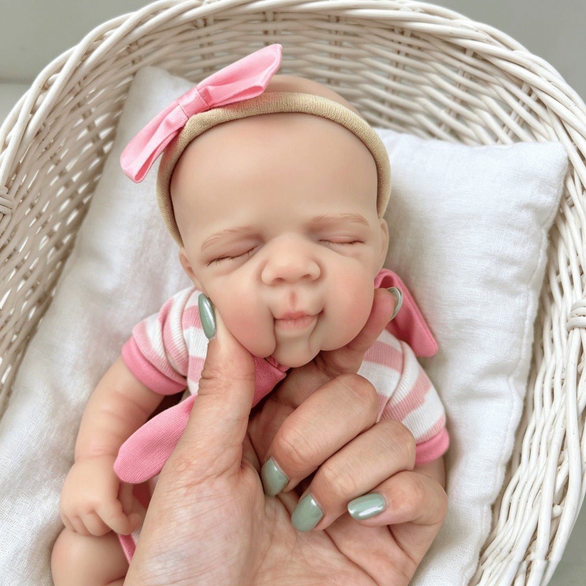 30 cm schlafende Pascale Reborn-Puppe aus Vollsilikon in rosa gestreiftem Outfit