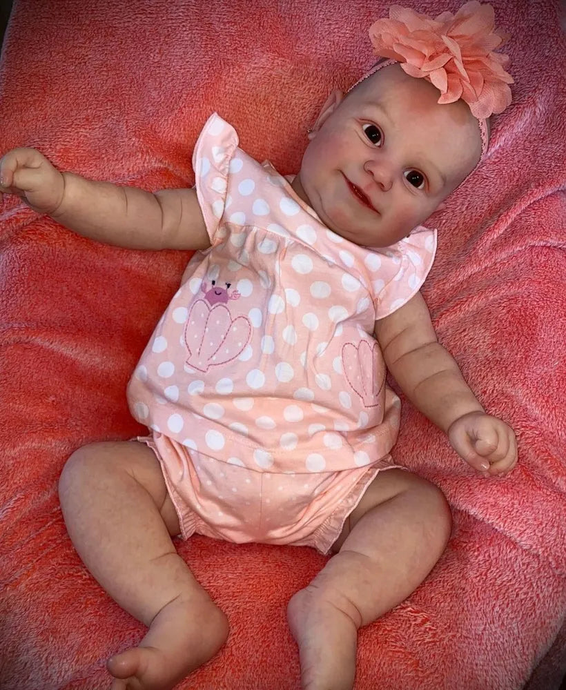 60 cm Reborn Puppe mit weichem Körper und offenen Augen in rosa gepunkteter Kleidung-Maddie