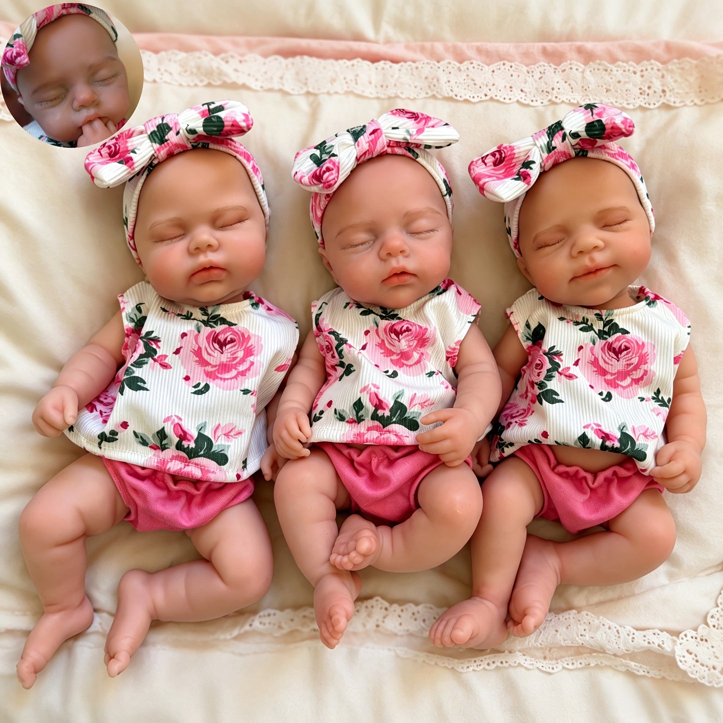 30cm dehnbare Triplets Reborn Puppen aus Vollsilikon mit geschlossenen Augen in Blumenoutfits