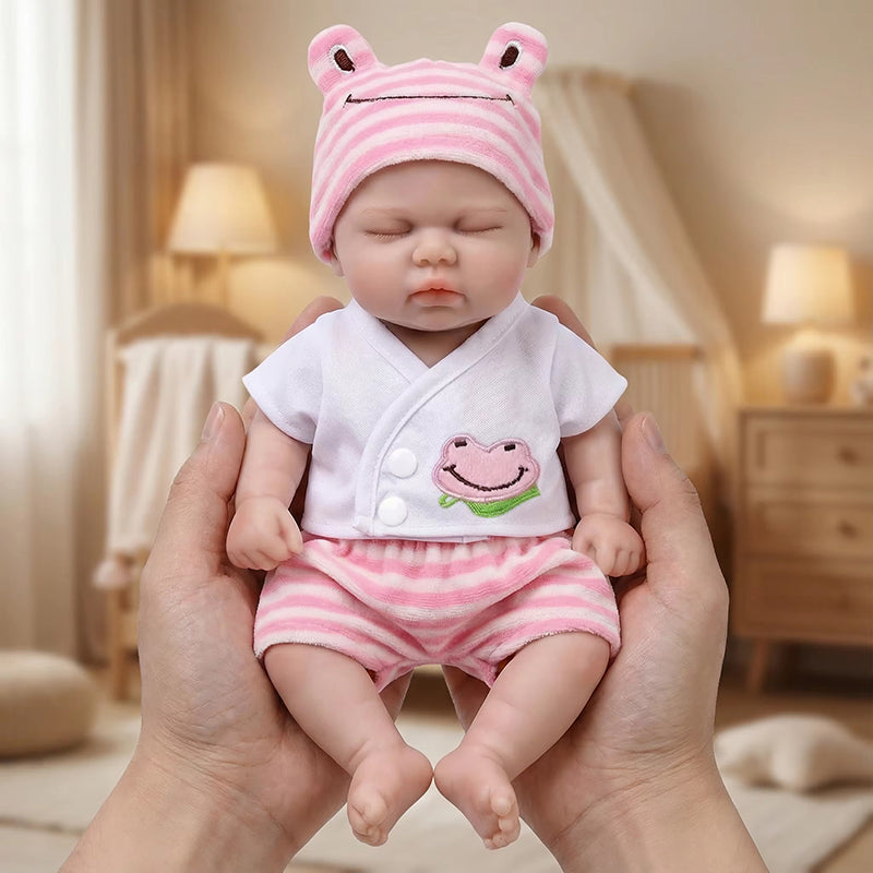 30 cm vollständig aus Silikon gefertigte Reborn Puppe Pickle mit geschlossenen Augen im rosa Frosch-Outfit