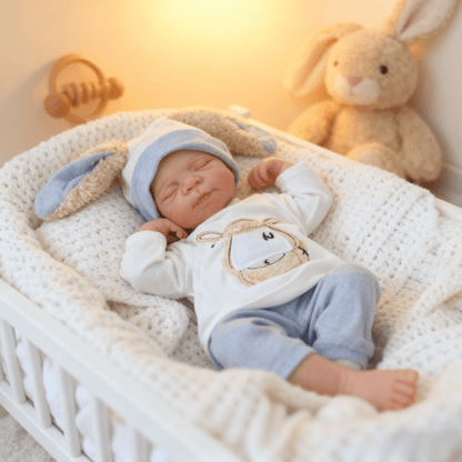 48 cm lebensechte handbemalte Reborn-Babypuppe Pascale mit geschlossenen Augen.