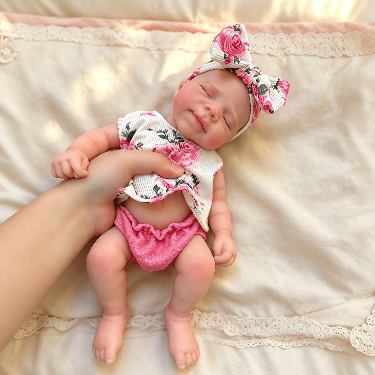 30cm dehnbare Triplets Reborn Puppen aus Vollsilikon mit geschlossenen Augen in Blumenoutfits