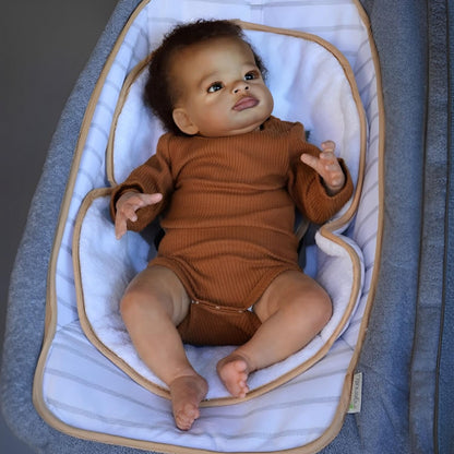 20 Zoll offene Augen dunkle Haut lockiges Haar Reborn Puppe in brauner Kleidung-Lanny