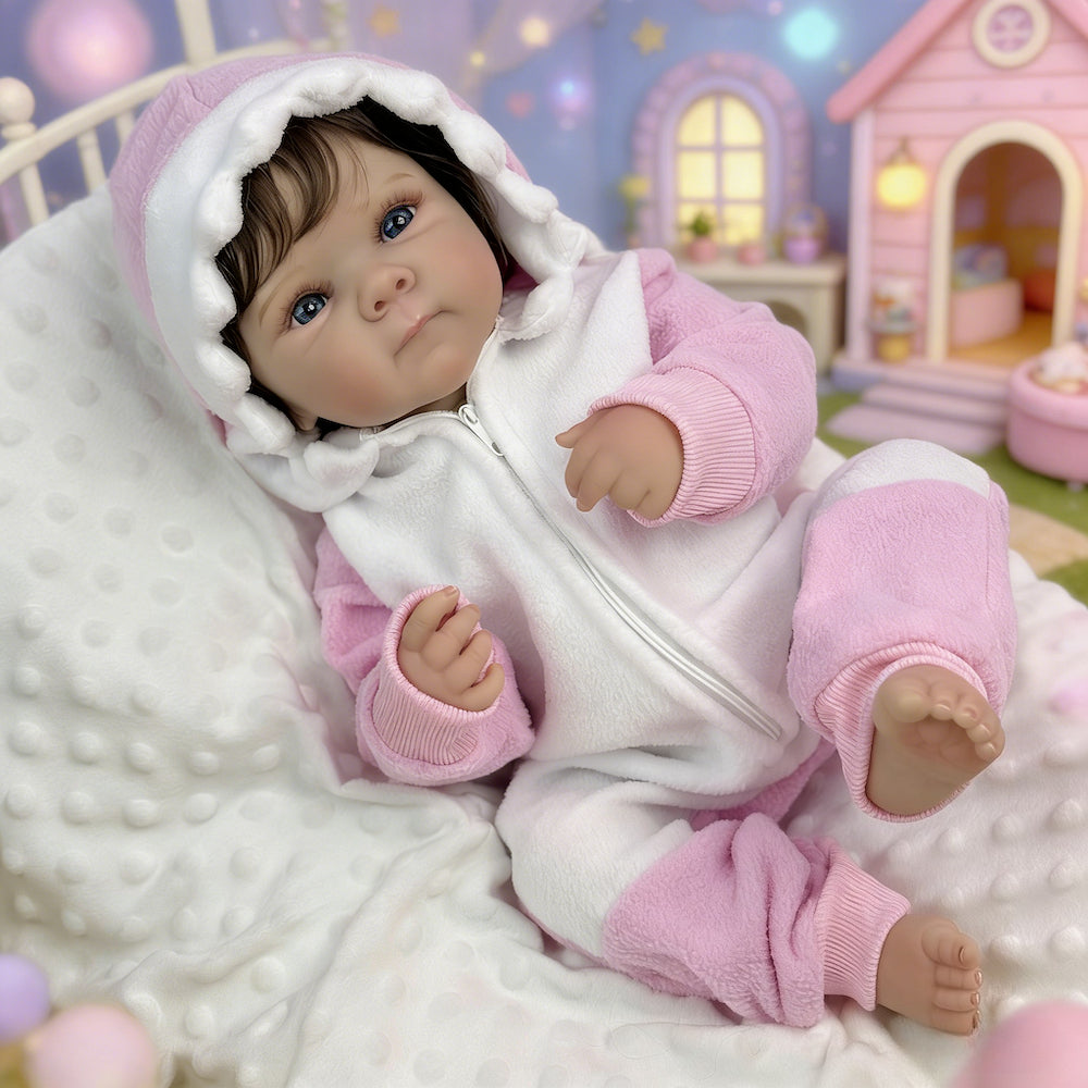 45cm lebensechtes Bettie Reborn Babypuppe Mädchen mit kurzem Haar im rosa Strampler