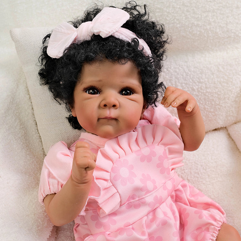 18 Zoll offene Augen lockiges Haar dunkle Haut Reborn Baby Girl-Bettie