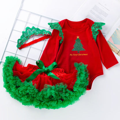 Langärmliger roter Strampler-Rockanzug mit Weihnachtsbaumkrone für 20-28-Zoll-Puppen