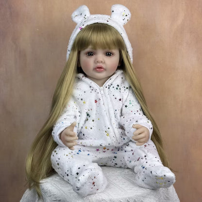 55 cm rebornte Baby-Dame Betty mit offenen Augen und langen blonden Haaren im Sternen-Jumpsuit