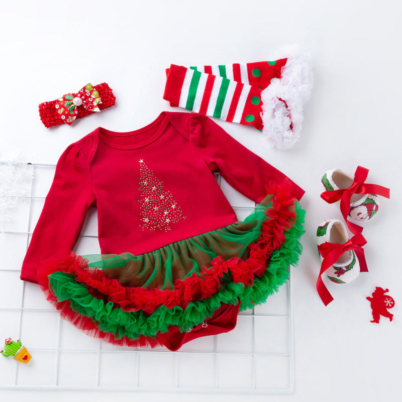 4-teiliges Set mit niedlichem Kleid Weihnachtsbaum-Print für 21–23 Zoll Reborn Puppen