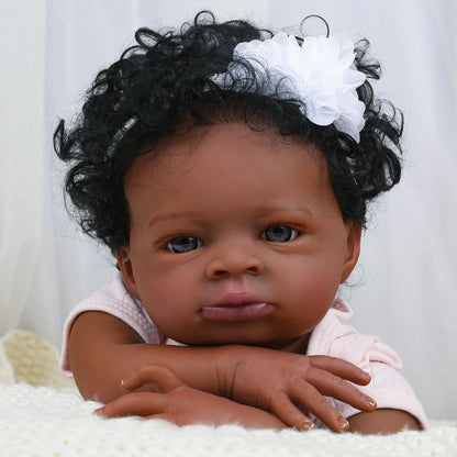 20 Zoll offene Augen dunkle Haut lockiges Haar Reborn Puppe in rosa Kleidung-Lanny
