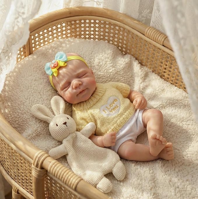 30 cm Pascale Reborn-Puppe aus Vollsilikon mit zu öffnendem Mund im gelben Pullover