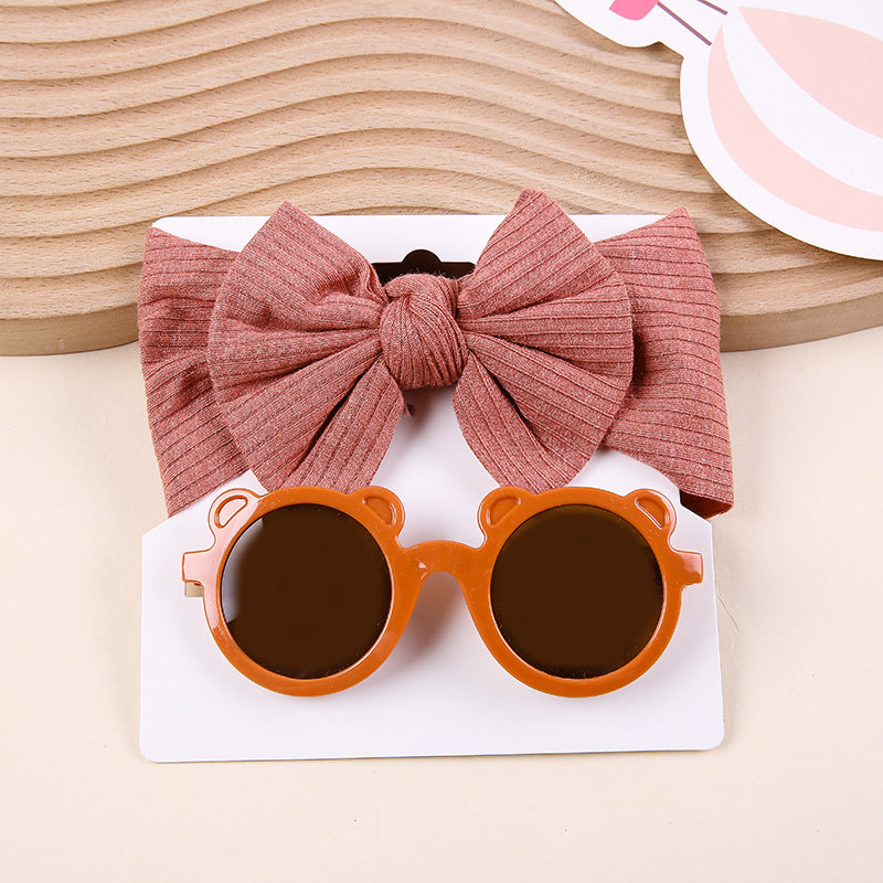 Zweiteiliges Sonnenbrillen-Set mit Strick-Stretch-Streifen und Schleifen-Stirnband