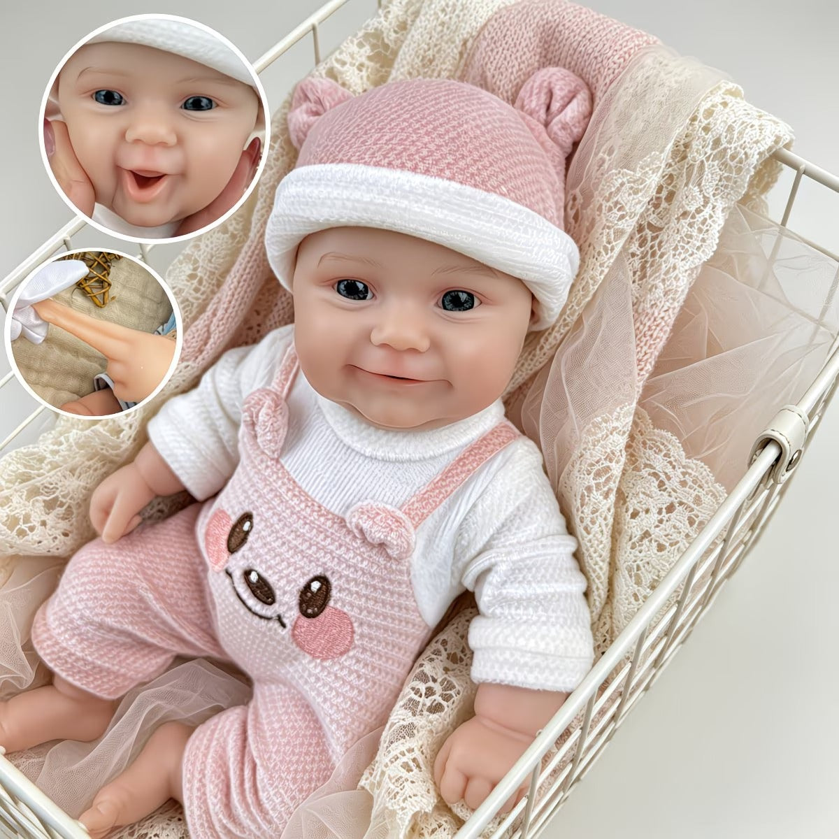 30 cm vollständig aus Silikon gefertigte Reborn-Babypuppe Maddie lächeln im rosa Bärenoutfit