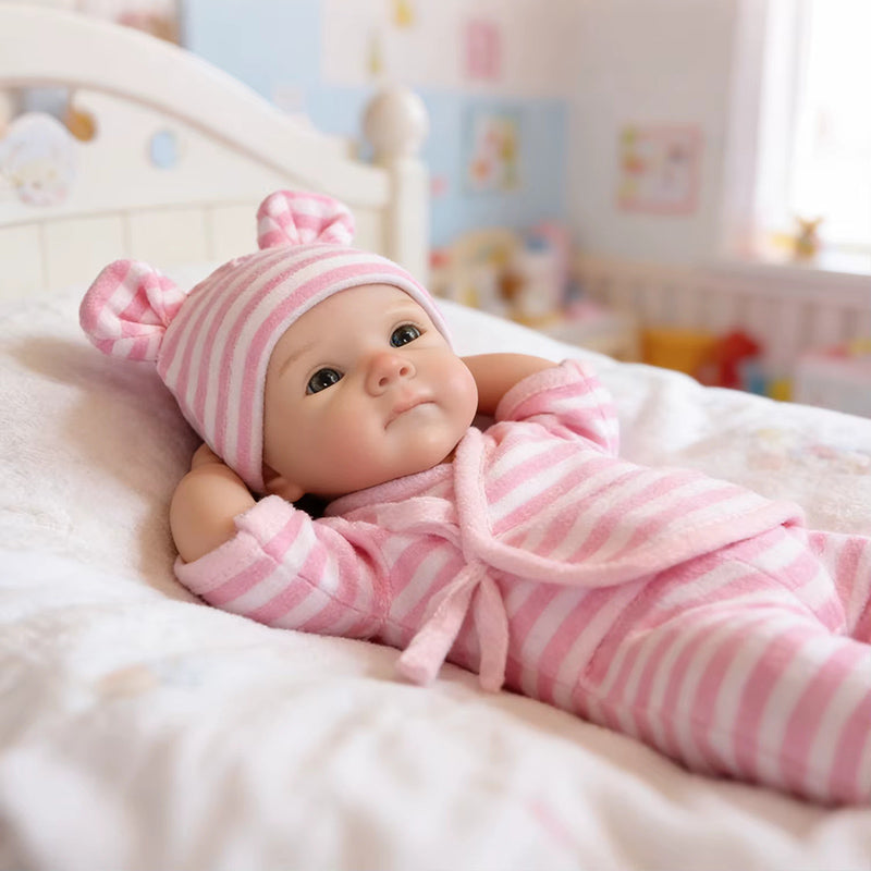 30 cm vollständig aus Silikon gefertigtes Bettie Reborn Baby Mädchen in rosa gestreiftem Outfit
