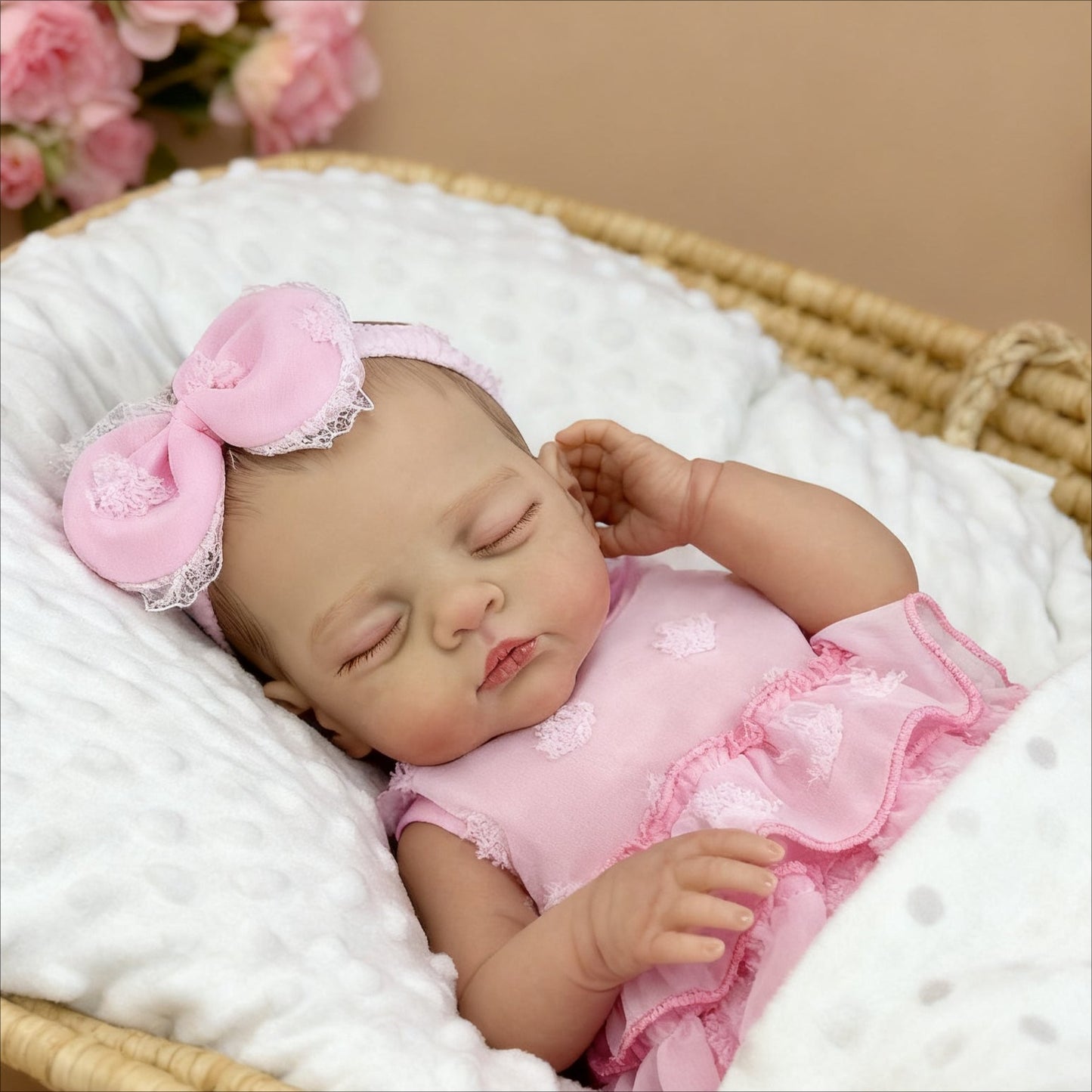 48 cm weiche schlafende Reborn Puppe Irys im rosa Kleid
