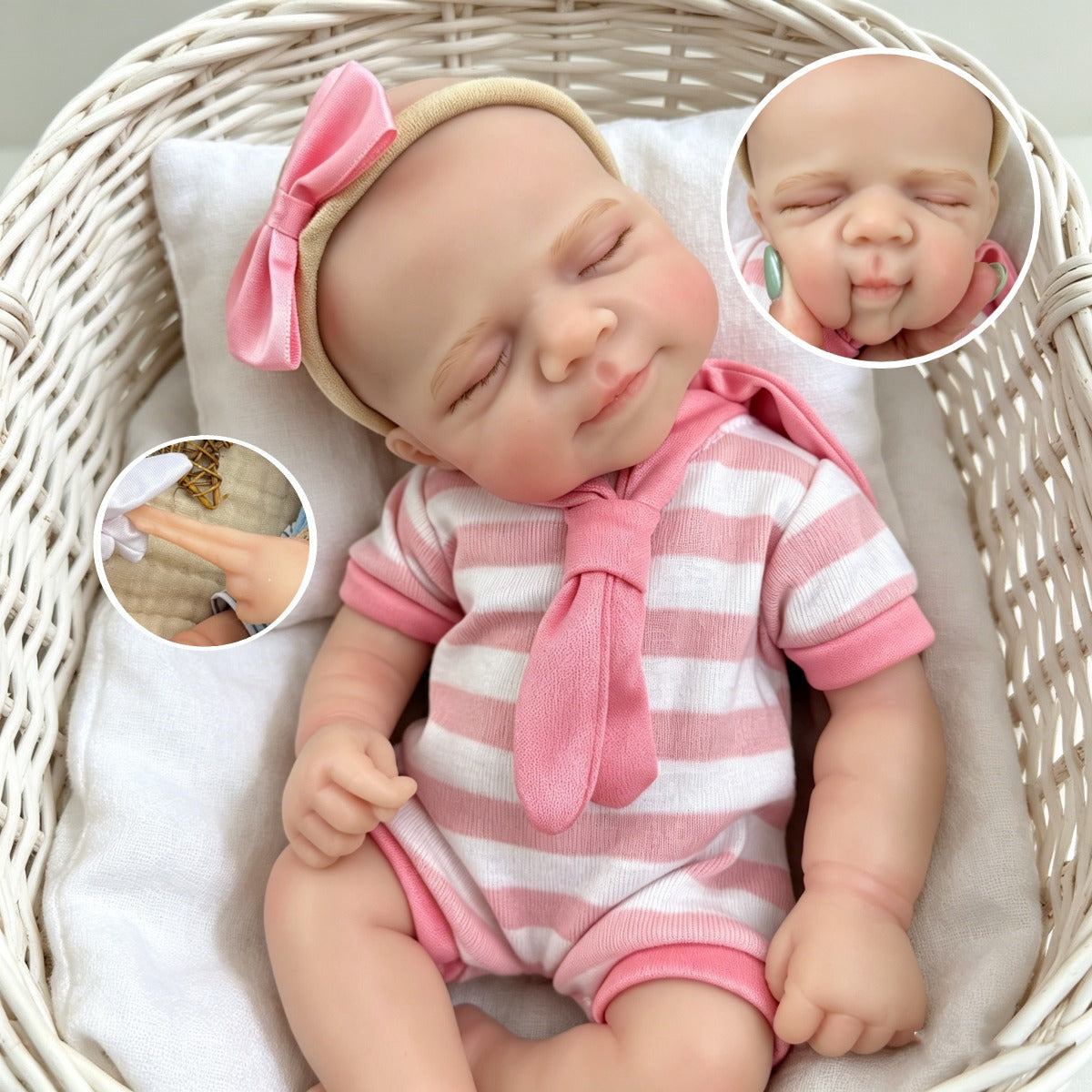 30 cm schlafende Pascale Reborn-Puppe aus Vollsilikon in rosa gestreiftem Outfit