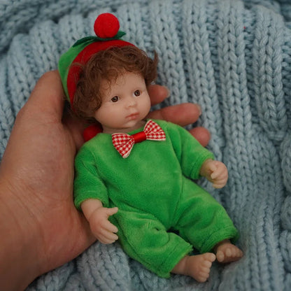 6 Zoll offene Augen kurzes Haar Mini Vollsilikon Reborn Puppe in Weihnachtskleidung