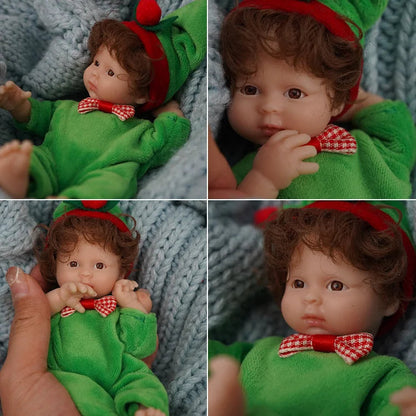 6 Zoll offene Augen kurzes Haar Mini Vollsilikon Reborn Puppe in Weihnachtskleidung