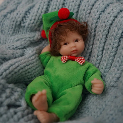 6 Zoll offene Augen kurzes Haar Mini Vollsilikon Reborn Puppe in Weihnachtskleidung