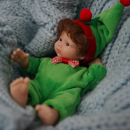 6 Zoll offene Augen kurzes Haar Mini Vollsilikon Reborn Puppe in Weihnachtskleidung