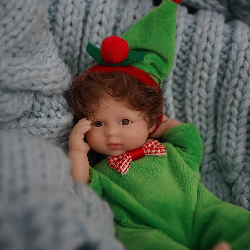 6 Zoll offene Augen kurzes Haar Mini Vollsilikon Reborn Puppe in Weihnachtskleidung