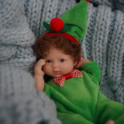 6 Zoll offene Augen kurzes Haar Mini Vollsilikon Reborn Puppe in Weihnachtskleidung