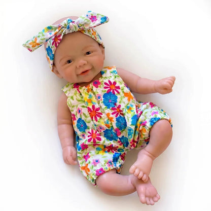 20cm Mini Reborn Baby Vivienne (Mädchen) aus Vollsilikon im geblümten Jumpsuit