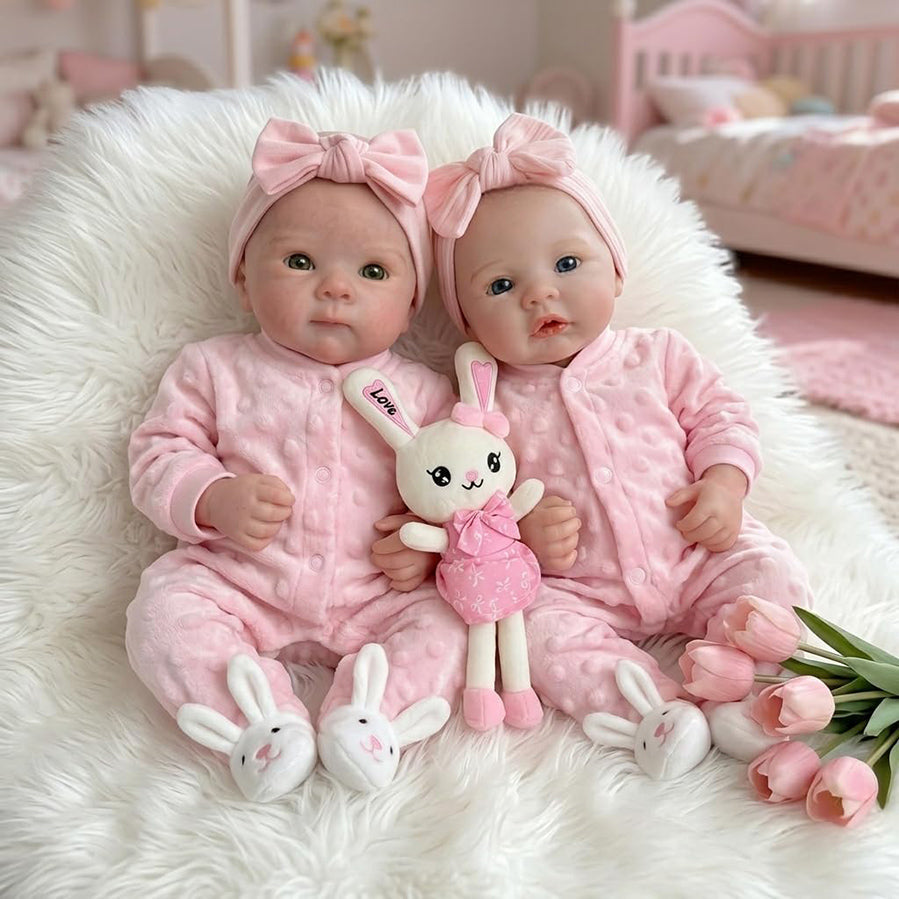 45 cm vollsilikone Reborn Puppe Bettie und Meadow Zwillingsschwestern in rosa Outfits